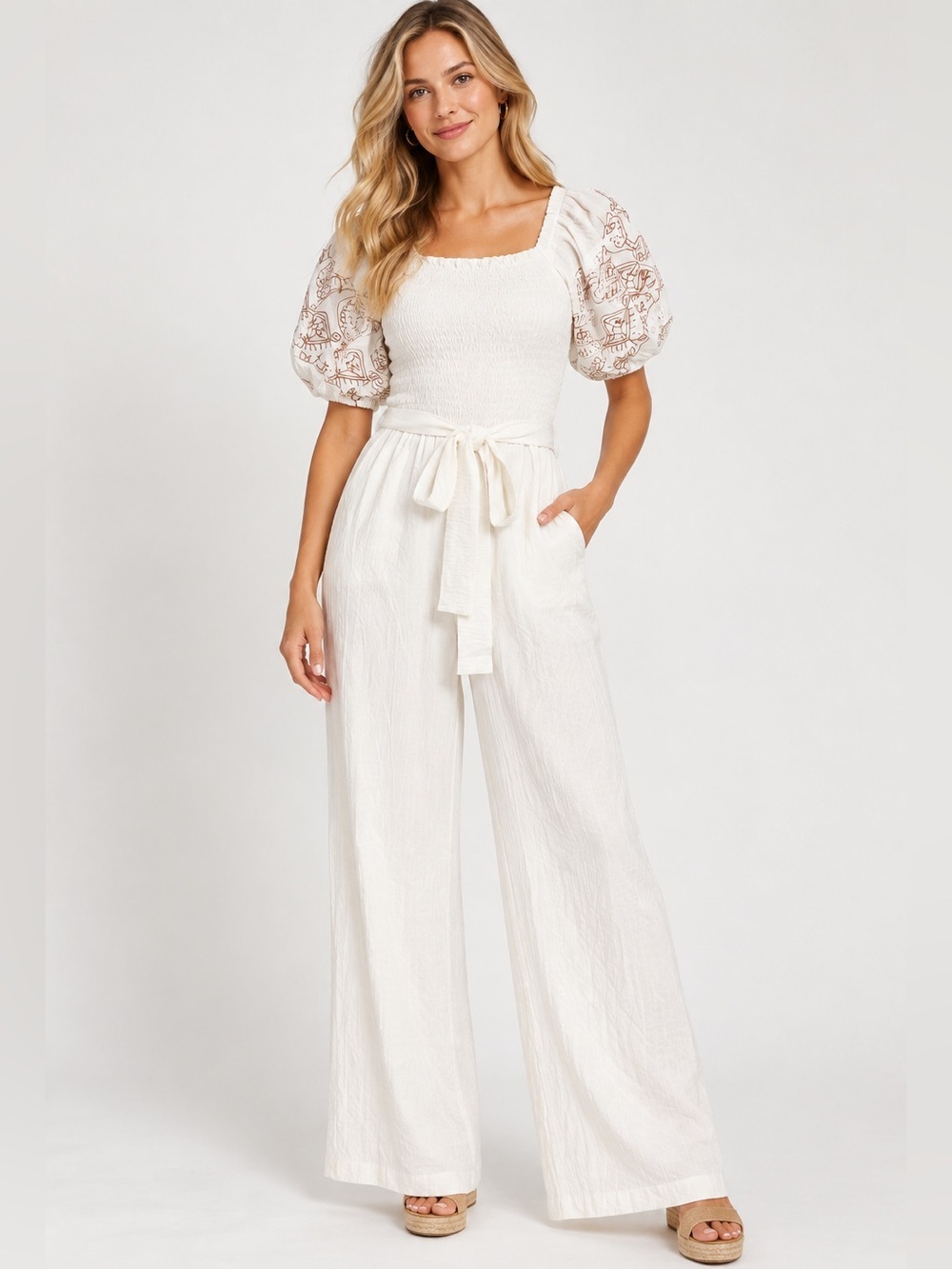 Cato sz S white gauzy puff sleeve embroidered jumpsuit